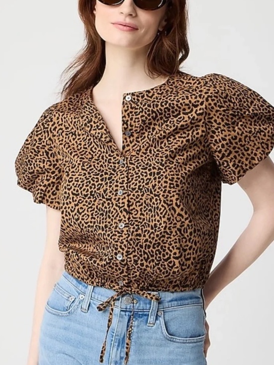 J. Crew Tops - JCrew Leopard Bubble Top Button Down with Tie Waist - Size L